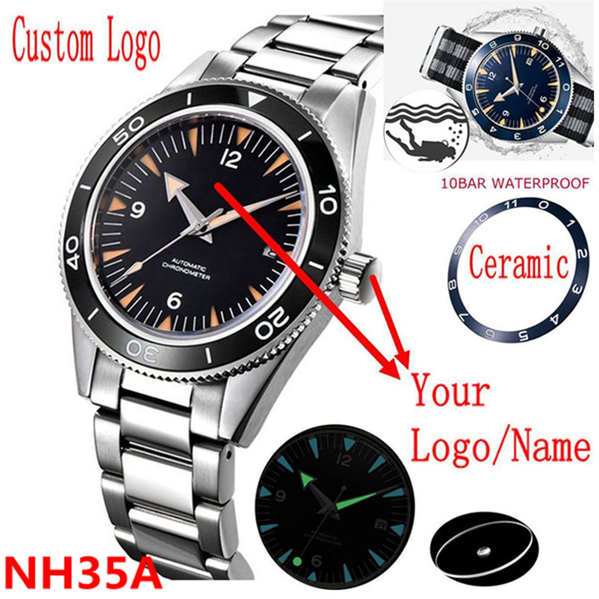 Luxury Watch Logos - 사용자 정의 로고 NH35 무브먼트 시계