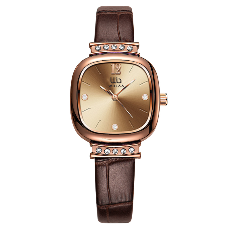 Luxury Watch Leather Strap - 여성용 로즈골드 사각 시계 빈티지 라인스톤