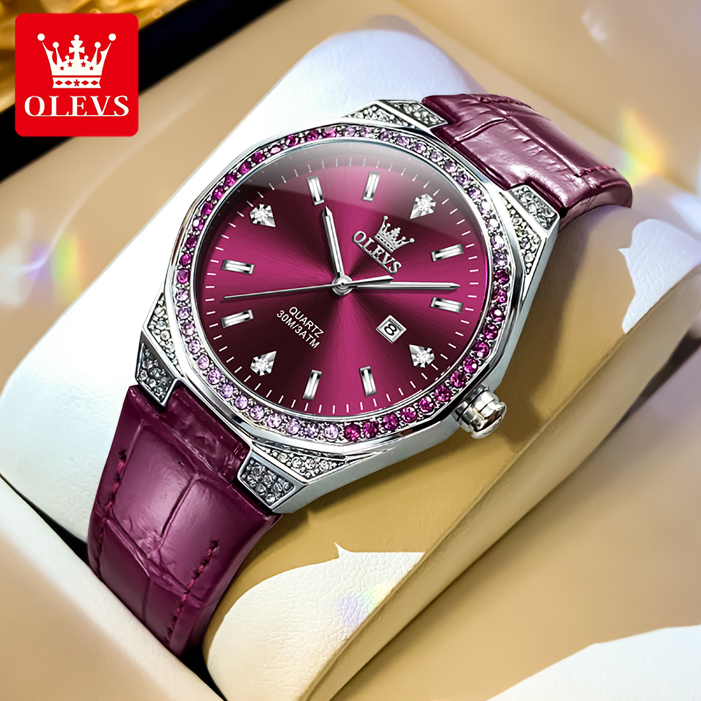 Luxury Watch Leather Strap - OLEVS 원래 여성용 시계 다이아몬드 랩