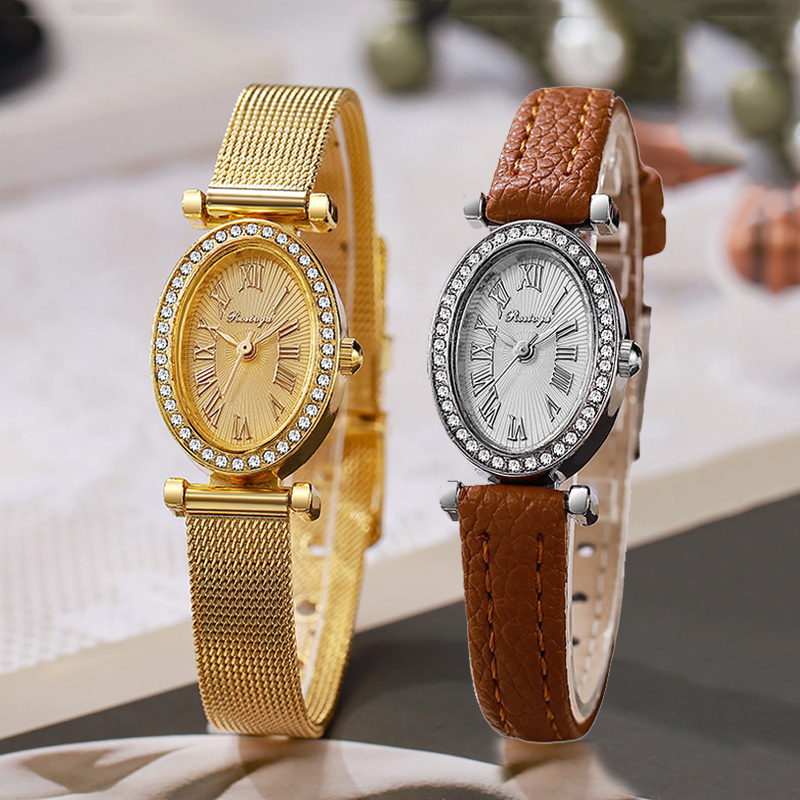 Luxury Watch Leather Strap - 여성용 럭셔리 시계 패션 오벌 다이아몬드