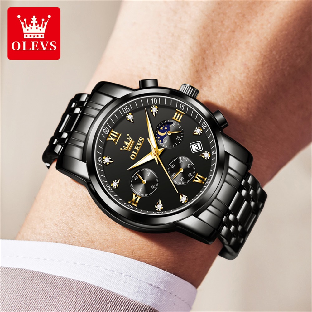 OLEVS 인기 남성용 시계 스테인레스 스틸 블랙 문  - Luxury Watch Logos 리뷰 및 가격